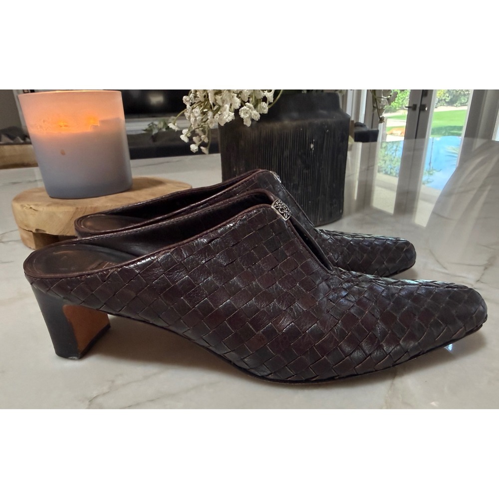 Brighton Tynan Woven Leather Mules Dark Brown Block Heel Pointed Toe Shoes 8M
